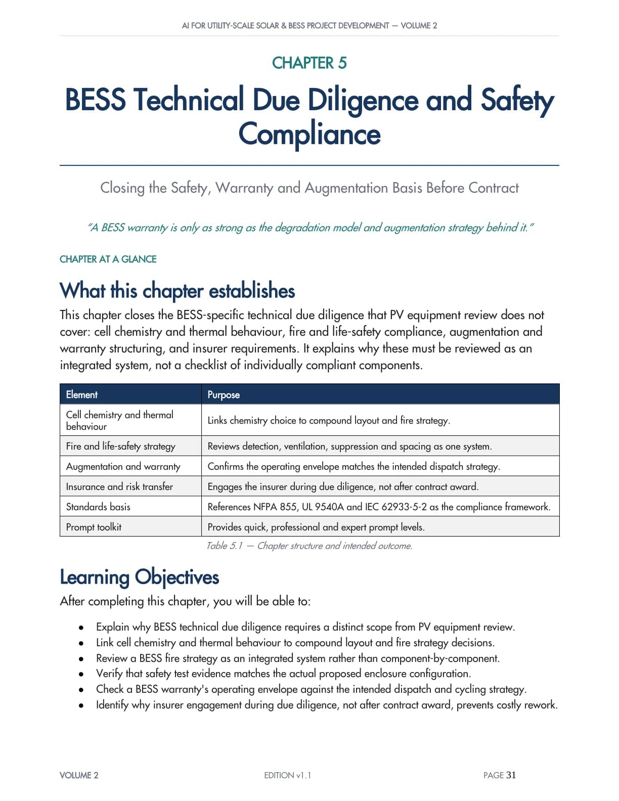 Volume 2 BESS technical due diligence and safety chapter